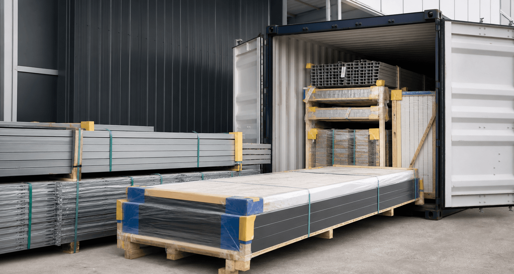Concept visualization of protected flat-pack building components prepared for container loading