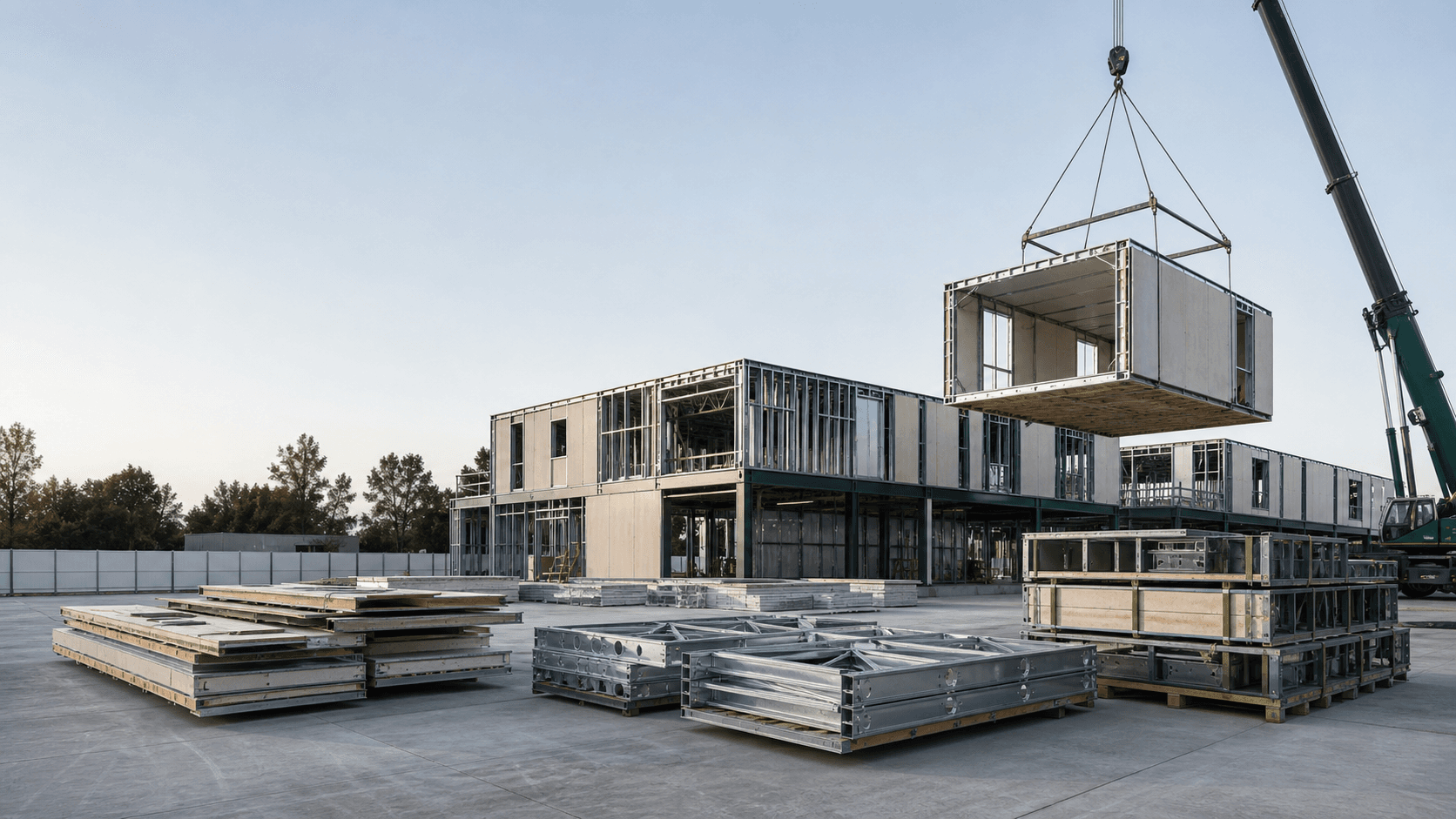 Concept visualization of coordinated panelized, flat-pack and volumetric prefabricated building systems