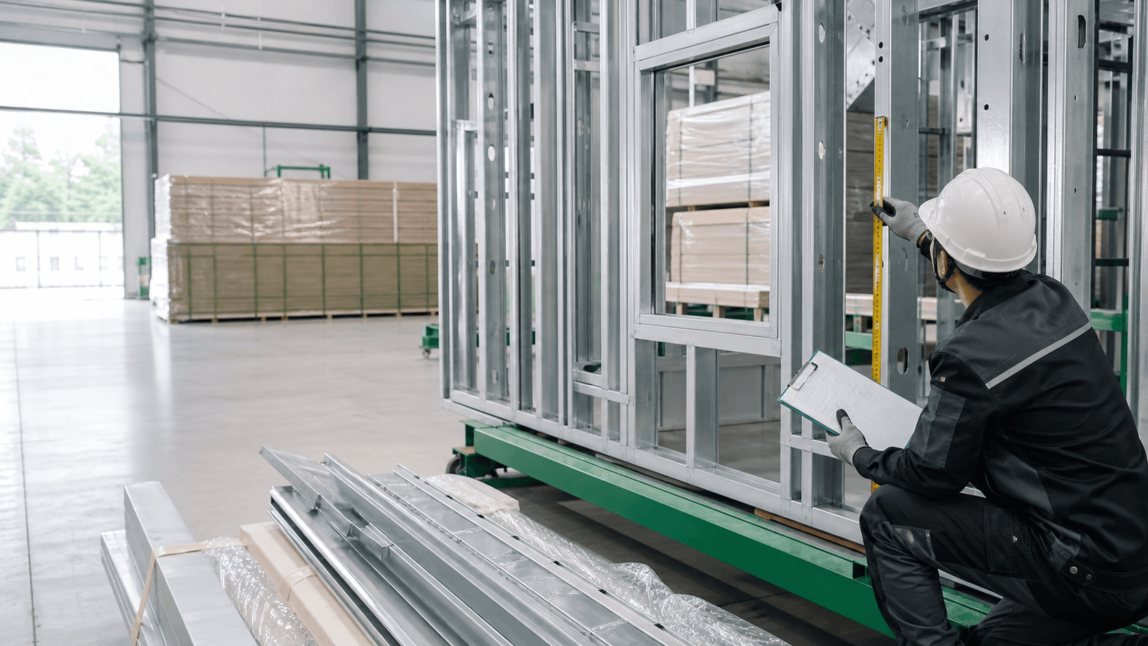 Concept visualization of dimensional quality inspection on a light steel wall panel