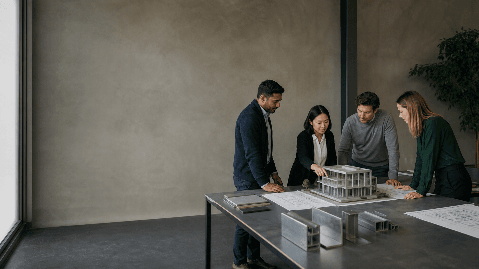Concept visualization of professionals reviewing a prefabricated building model and technical drawings