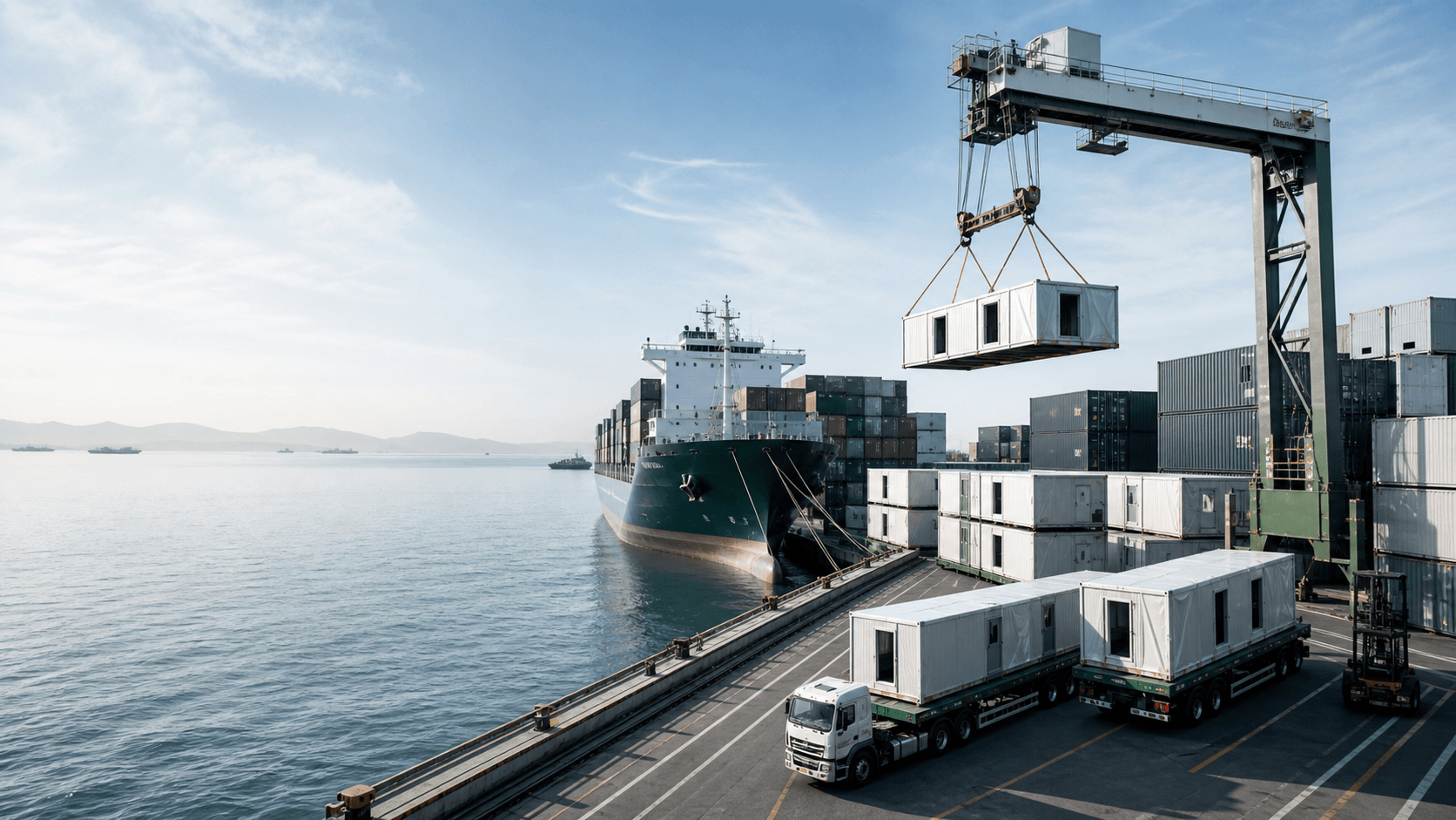 Concept visualization of prefabricated building components moving through an international seaport logistics route