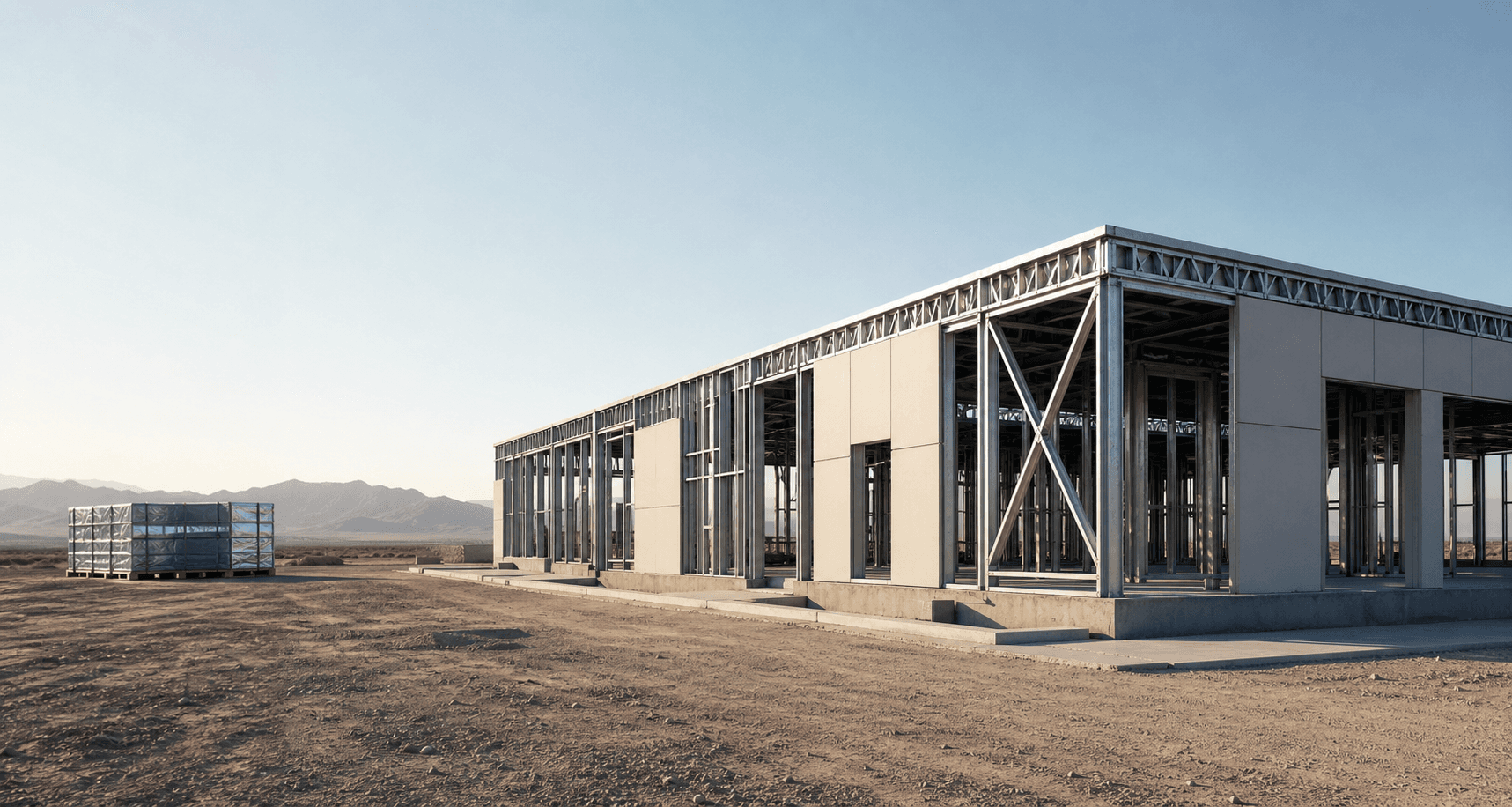 Concept visualization of a panelized light steel building during coordinated assembly