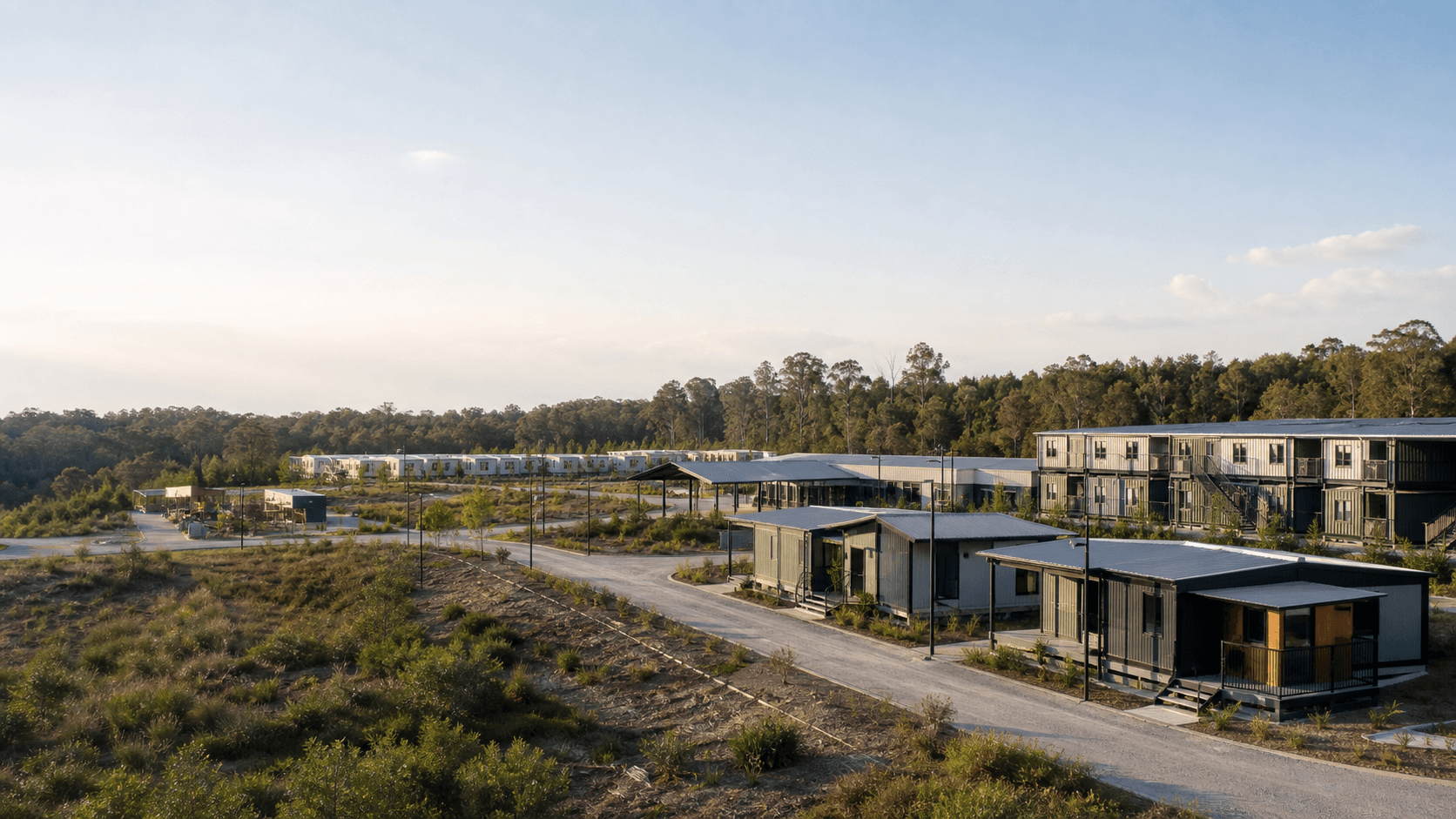 Concept visualization of a planned low-rise community using several prefabricated building applications