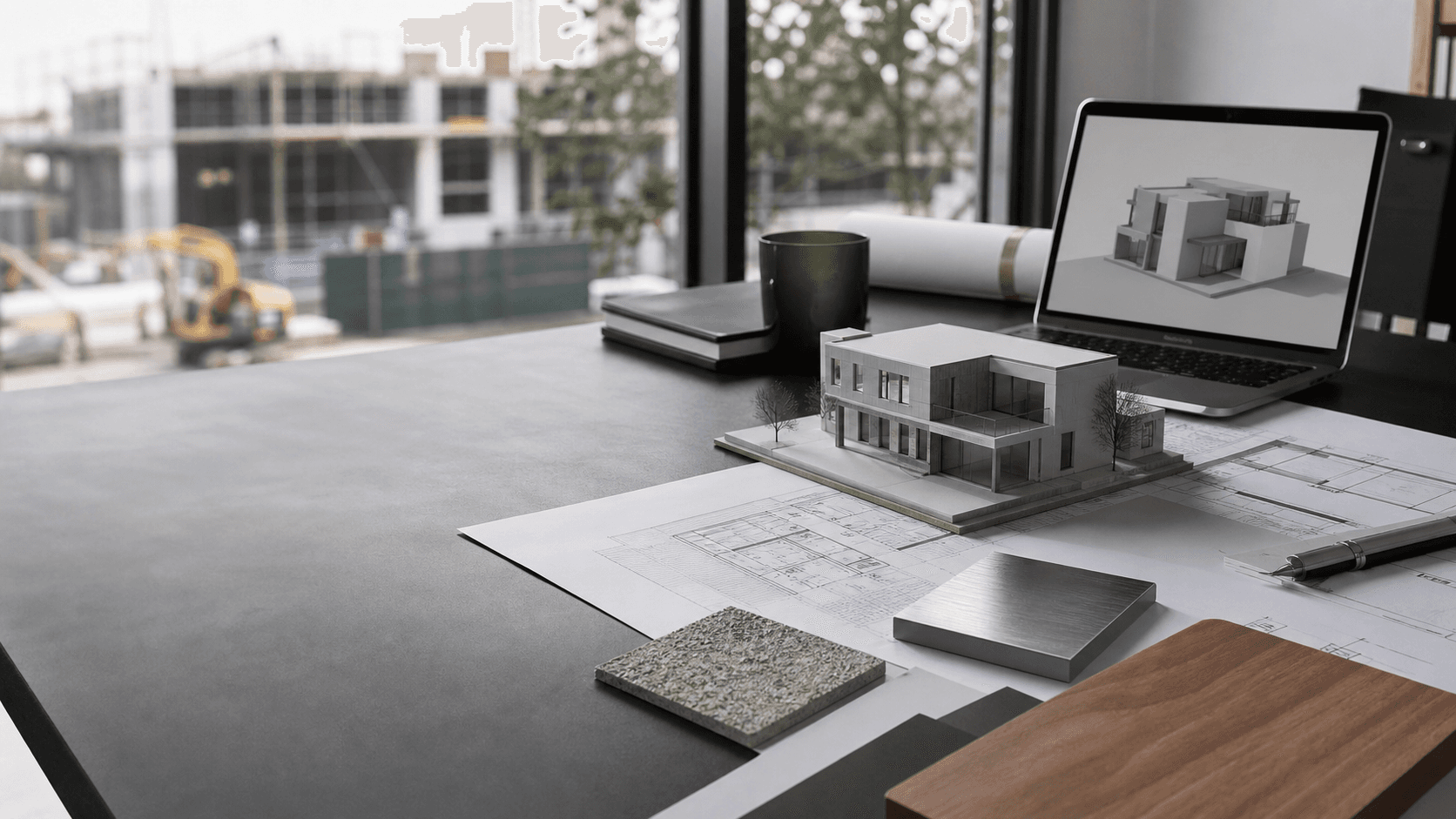 Concept visualization of a project review workspace with a building model, drawings and material samples