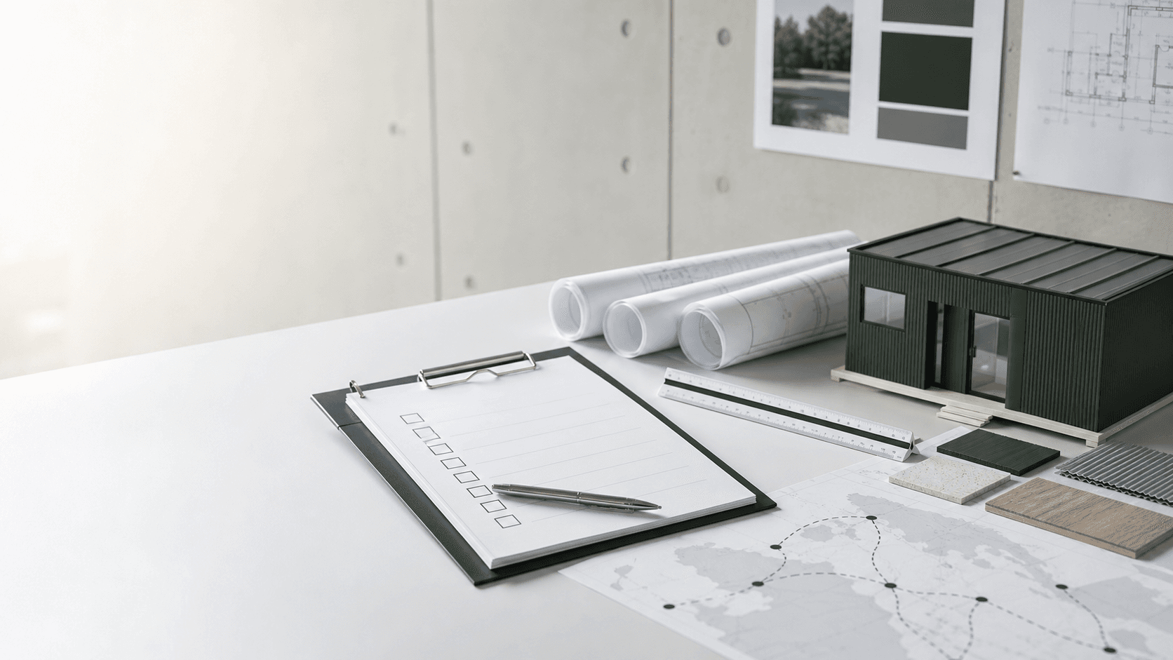 Concept visualization of a project planning workspace with a checklist, drawings, samples and building model