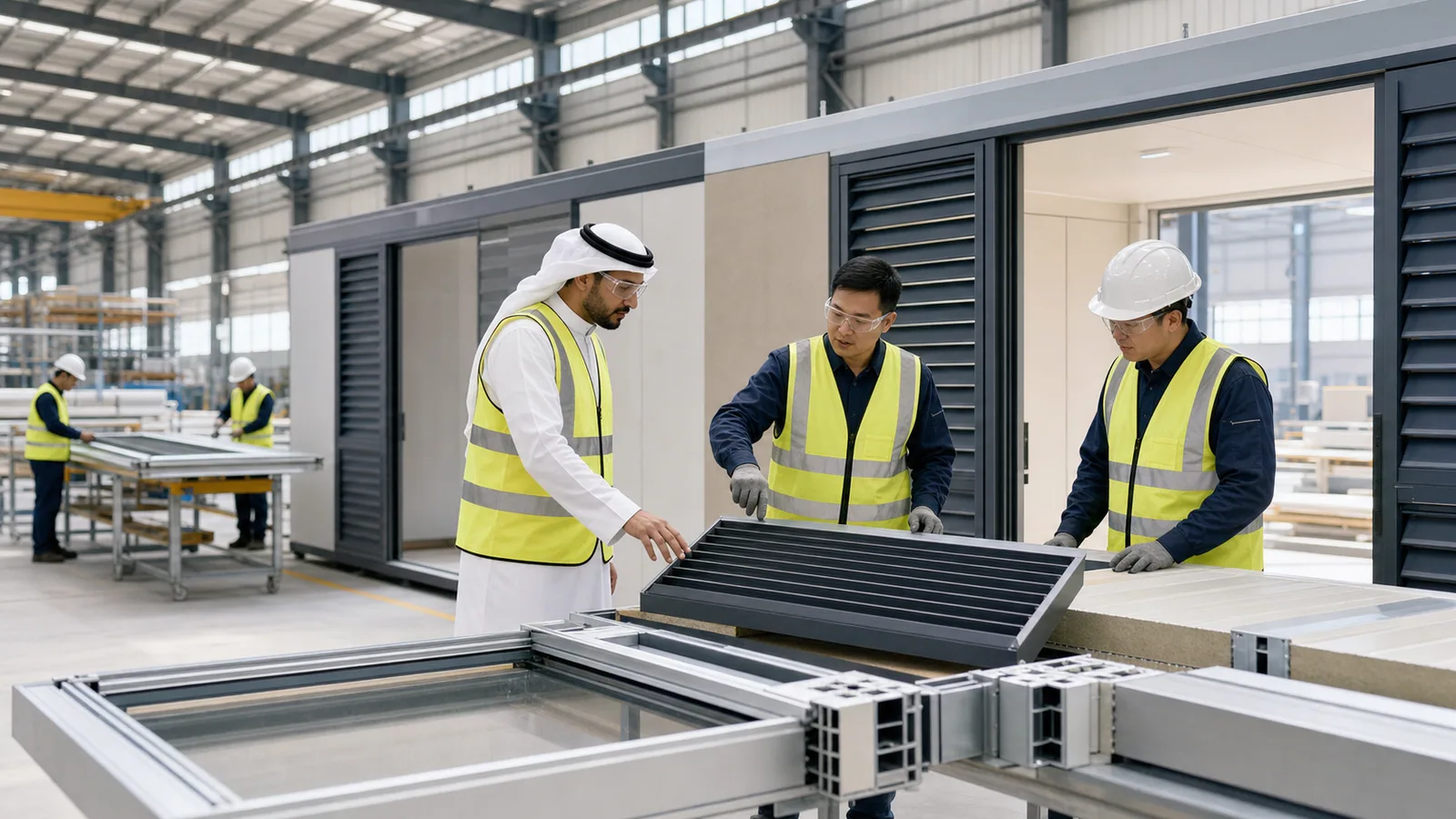 مهندسون يفحصون أنظمة التظليل والألواح المعزولة في المصنع